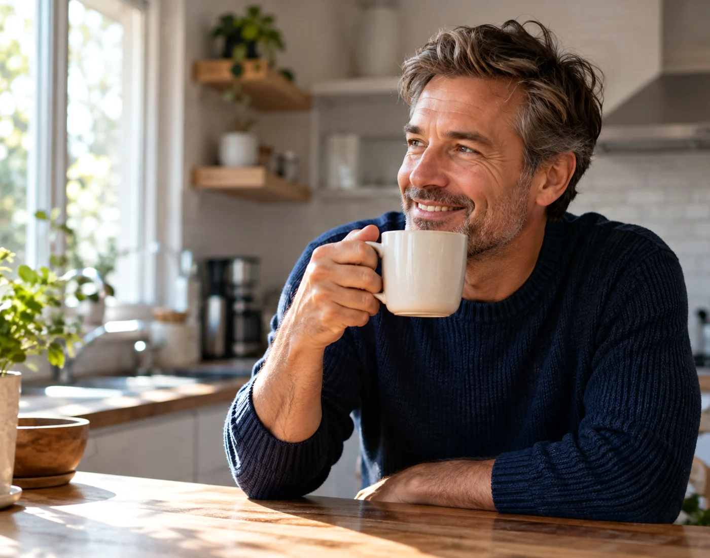 A smiling man enjoying a mug of coffee in a naturally lit home kitchen