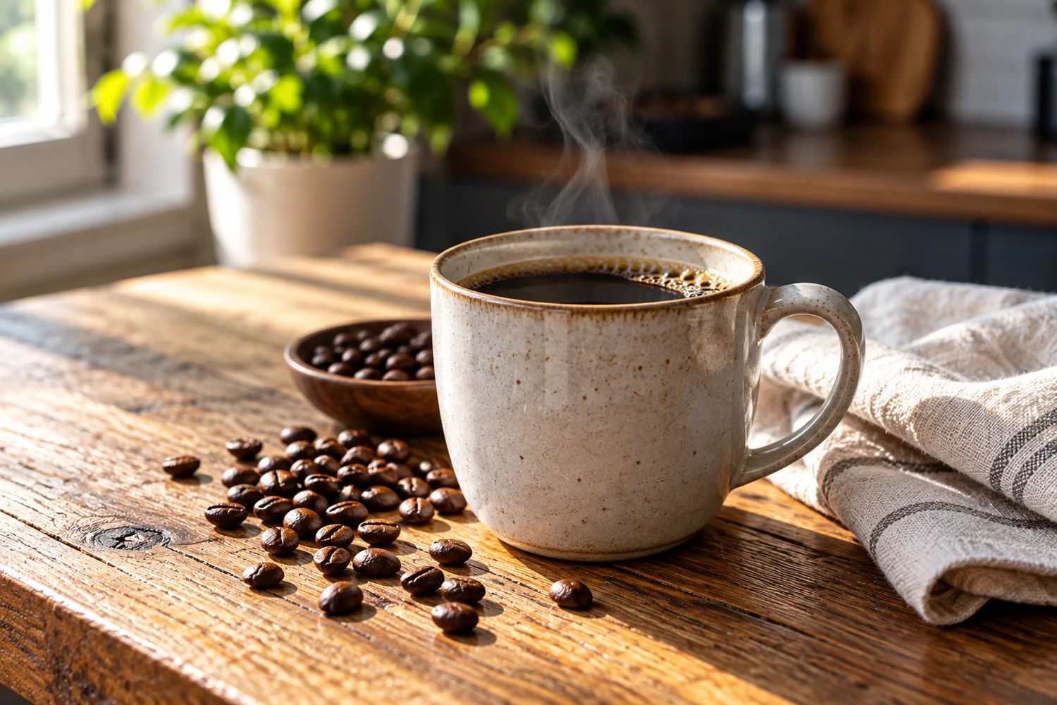 A warm cup of black coffee with roasted coffee beans in a softly lit kitchen