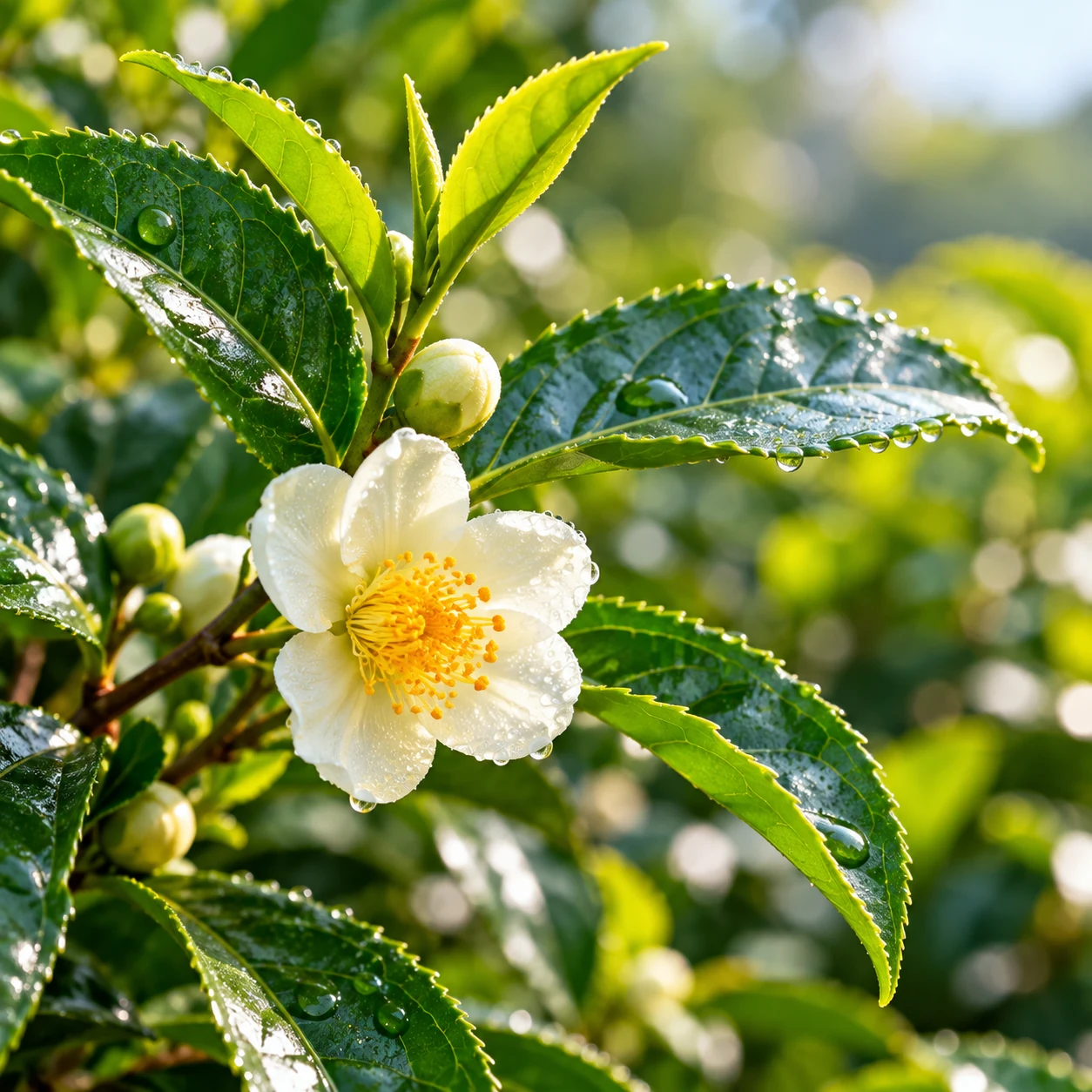 A white camellia flower and glossy tea-plant leaves