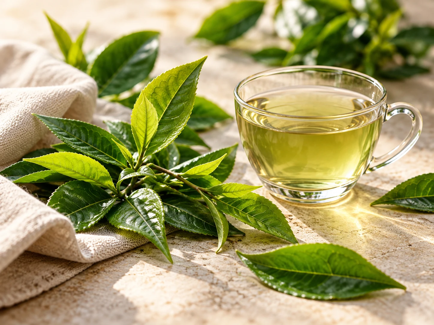 A glass cup of green tea surrounded by fresh tea leaves